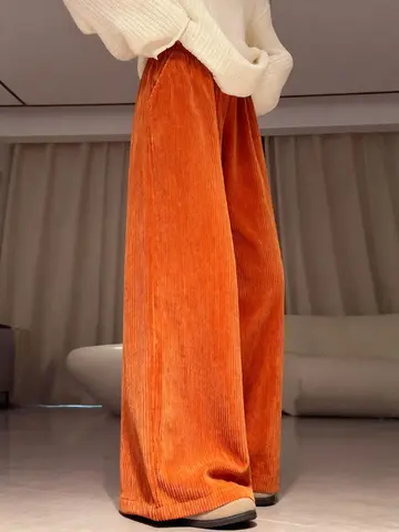 독특한 두꺼운 플리스 코듀로이 바지 하이 웨이스트 와이드 레그 캐주얼 바지 밝은 색상 가을 겨울 패션 여성 의류