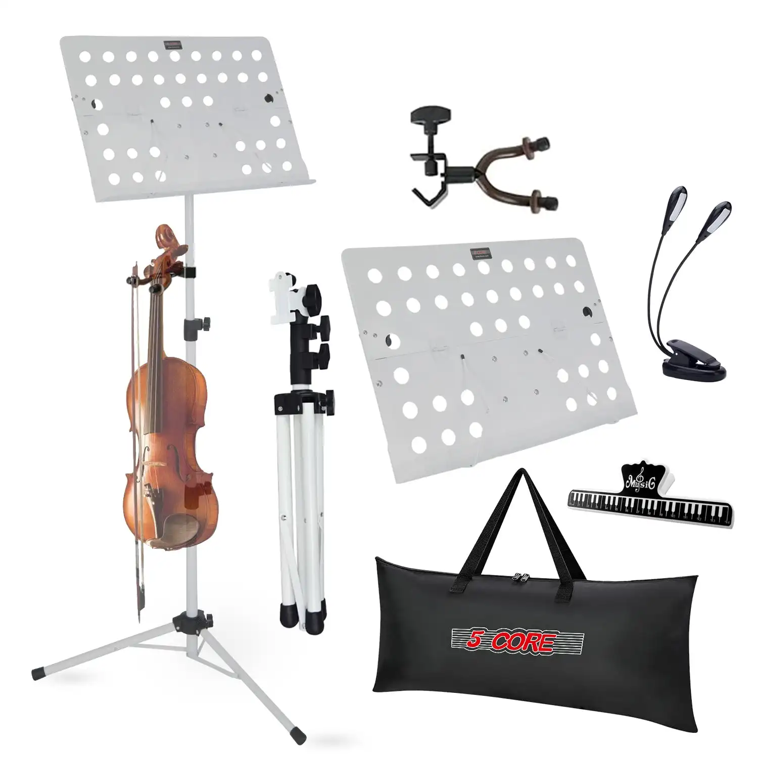 

5 Core Music Stand For Sheet Music Portable Tripod Adjustable Folding Note Holder MUS FLD HD ACC WH