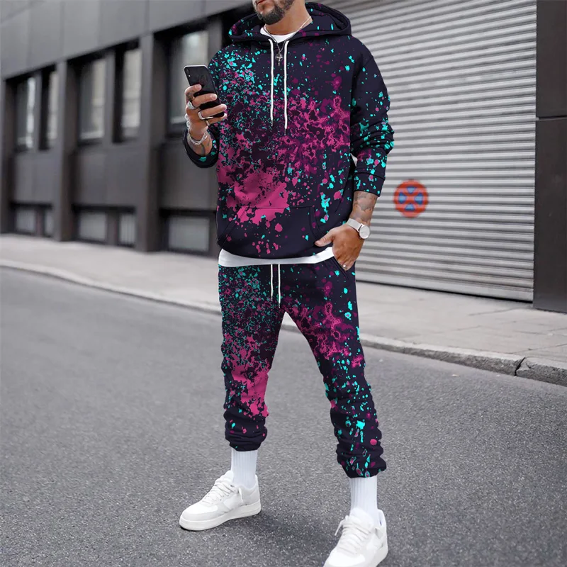 Color Graffiti 3D Autumn Winter Male Hoodie Jogging Tracksuit For Men Mens Hooded Sweatshirt Sets Men Hoodies Two Piece Sets