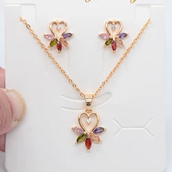 Fashion Gold Color Women Multicolor Cubic Zirconia Flower Earrings & Pendant Jewelry Set
