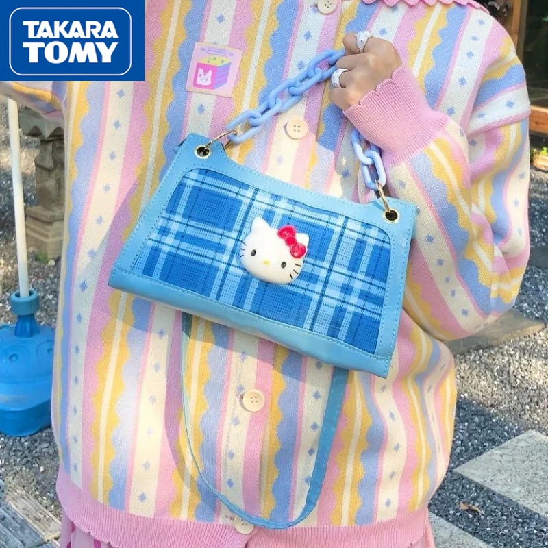 

TAKARA TOMY 2022 New Hello Kitty Girls PU Leather Plaid Chain Underarm Bag Cute Sweet Magnetic Buckle Daily Shoulder Handbag