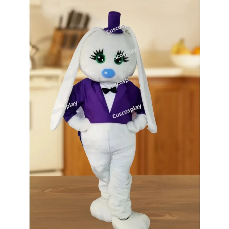 

Cute White Hare Rabbit Mascot Costume Purple Tuxedo Easter Bunny Mascotte Walking Doll Clothes for Fancy Christmas Party Dress