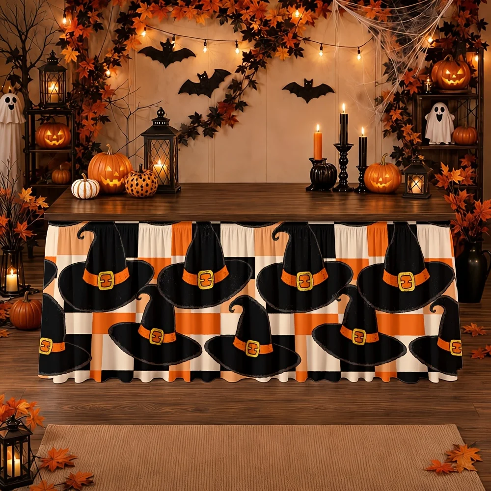 Table skirt / tableskirt, Halloween, magic, witch hat, orange and black checkered pattern, festival, send a gift, tableclothzyc