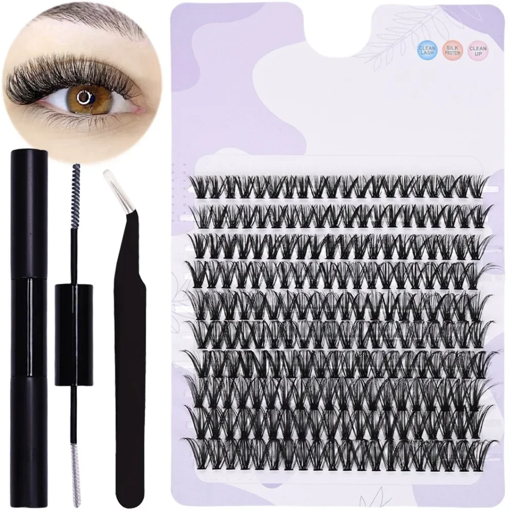 False Eyelashes DIY Lash Extension Kit with 200pcs Lash Clusters and Tweezers Eyelash Adhesive and Sealant and Eyelash Tweezers