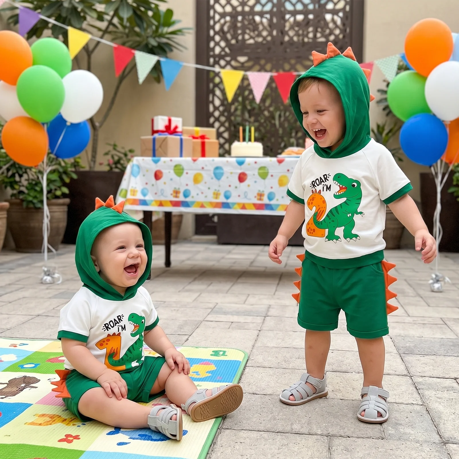 Baby Boy 1st Birthday Outfits Letter Number Dinosaur Print Hooded Short Sleeve T-Shirts Elastic Waist Shorts 2Pcs Costume Set