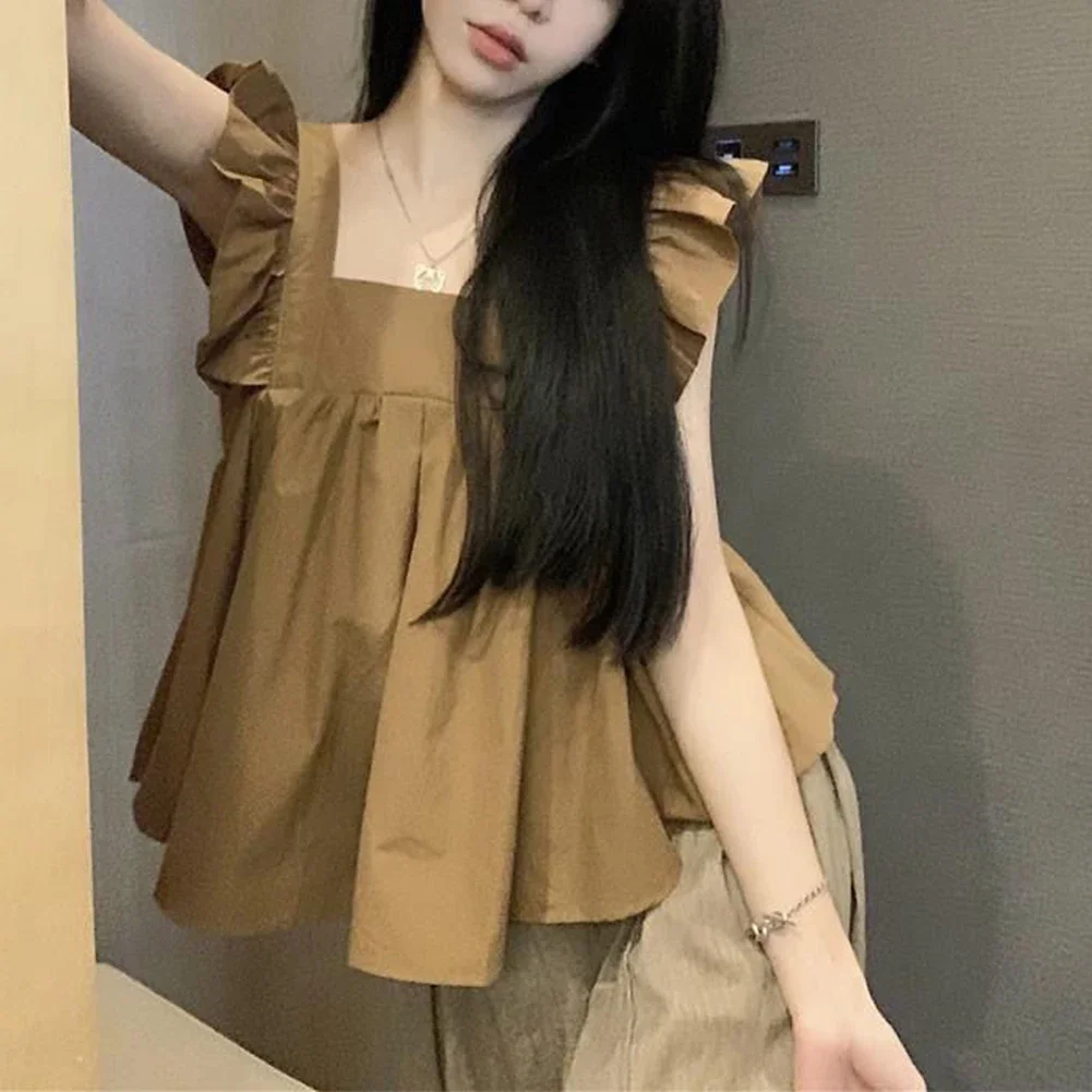 Women's Fashion  Sleeveless Pleated Backless Loose Tops With Bow Back And Sweet Design Korean Square Neck Cute Female T-shirt