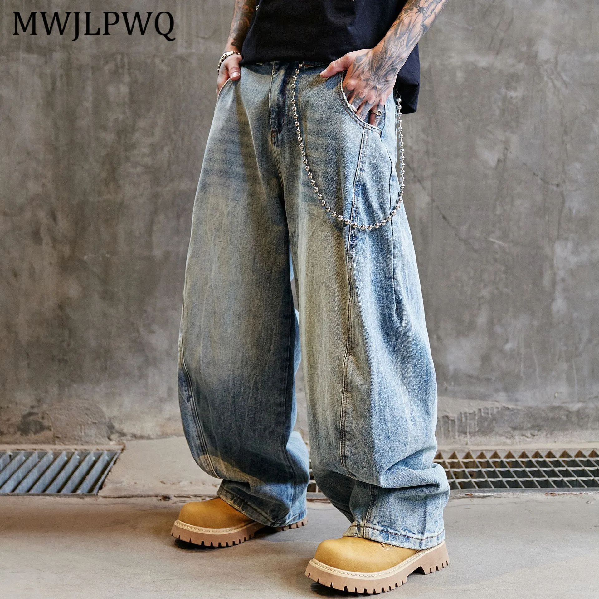 

MWJLPWQ American Style Wide-Leg Machete Jeans For Men Trendy High Street Distress Loose Washed Vintage Casual Pants Autumn New