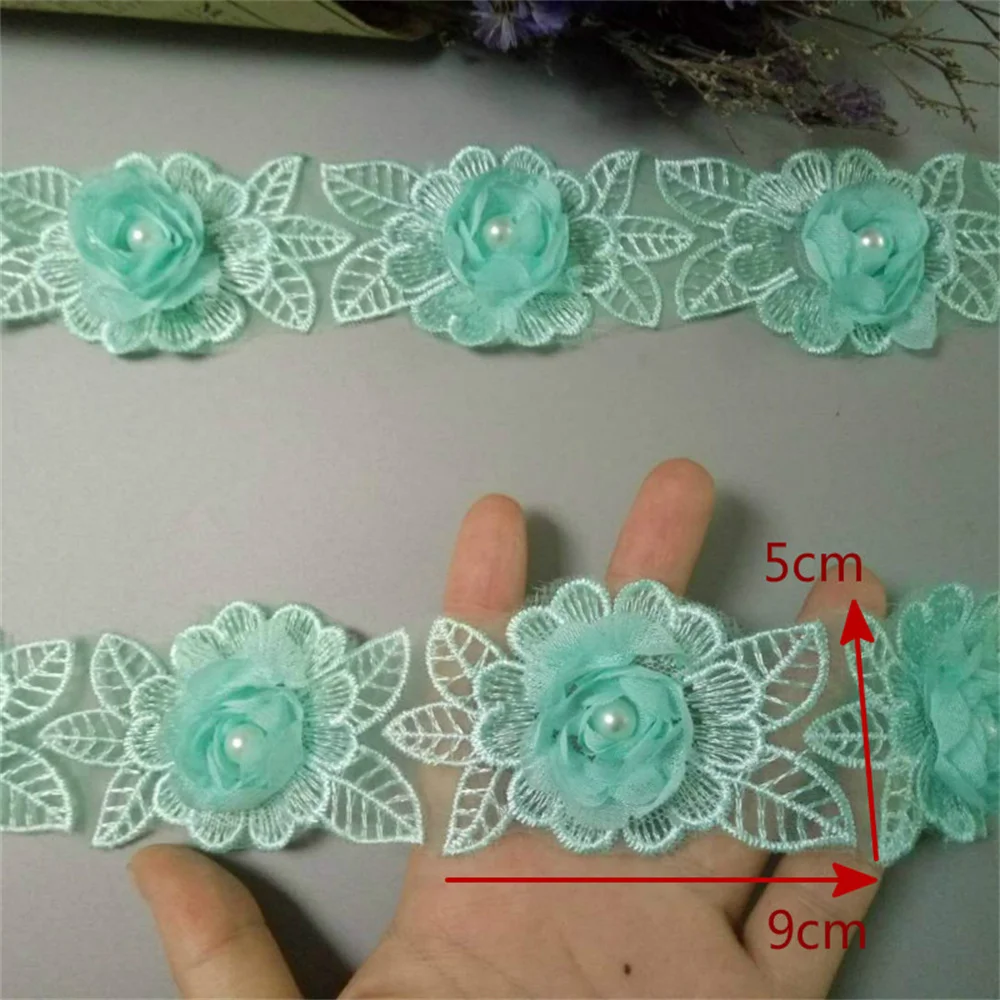 2 Yard Soluble Green Rose Flower Pearl Chiffon Embroidered Lace Trim Ribbon Fabric Handmade Vintage Wedding Dress Sewing Craft