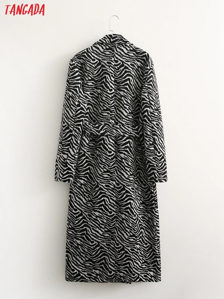 Tangada 2021 Winter Women Zebra Woolen Coat with Belt Warm Thick Double Breasted Elegant Long Sleeve Coat Female Overcoat 1D82