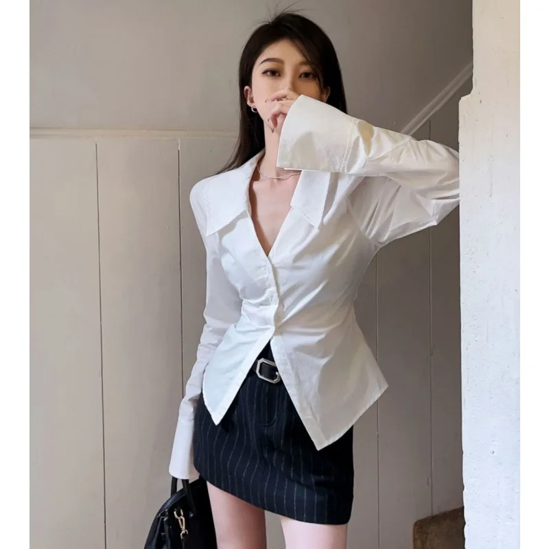 

Solid Color Pullover Slim Flare Long Sleeve Shirt V-neck Korean Style Waist Shirt Women's Top
