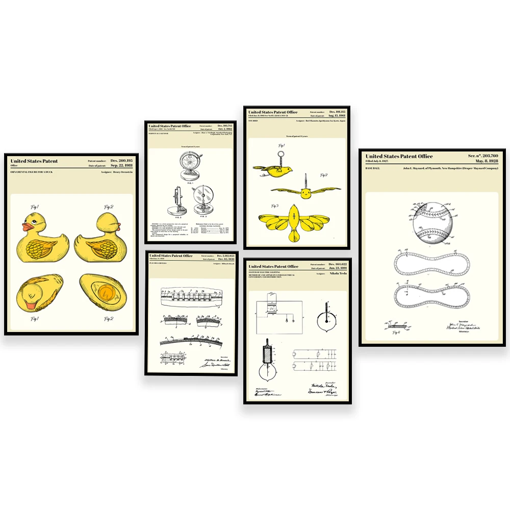 Perpetual calendar, football, baseball, toy bird rabbit duck, toothbrush, toilet paper, playground, lamp holder patent poster