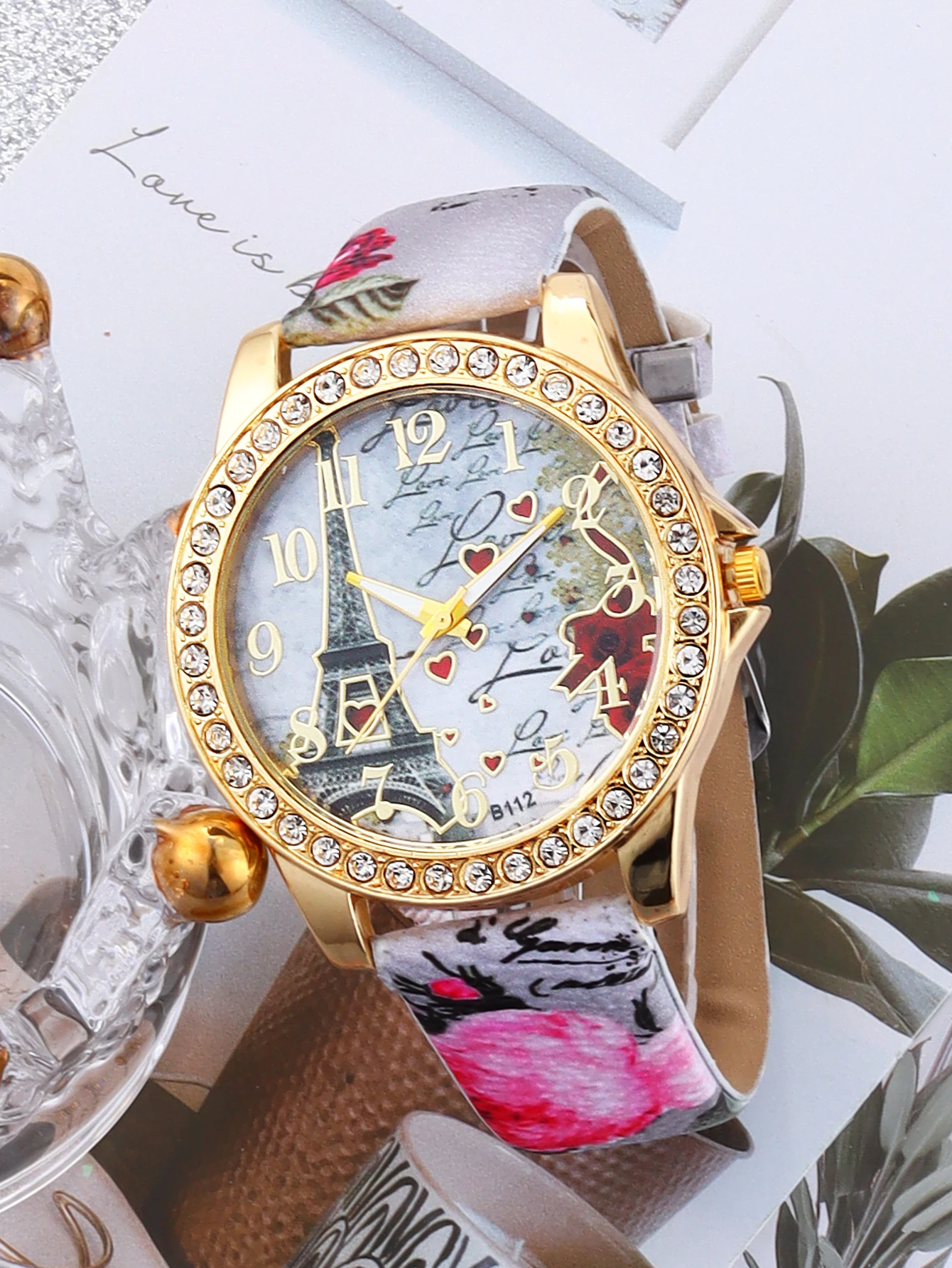 6pcs stylish Eiffel Tower Love Ladies Rhinestone Mirror quartz Watch with Diamond full butterfly bracelet Ring necklace set