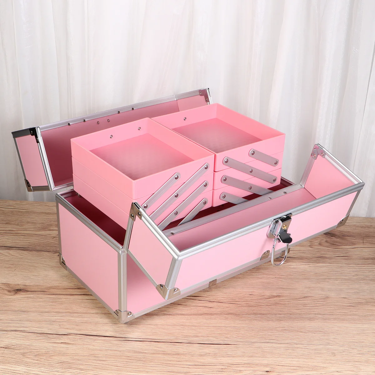 صندوق مستحضرات التجميل المحمول 3 طبقات منظم قطار المكياج وردي متين مقاوم للخدش سعة كبيرة مقصورات السفر المحمولة