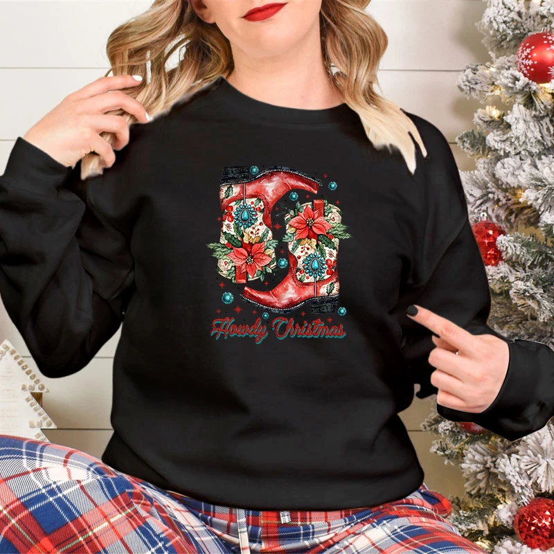 Howdy Christmas Classic Retro Sweatshirts Cowgirl Boots Christmas Sweater Funny Christmas Western Gift Women's Holiday Sweater