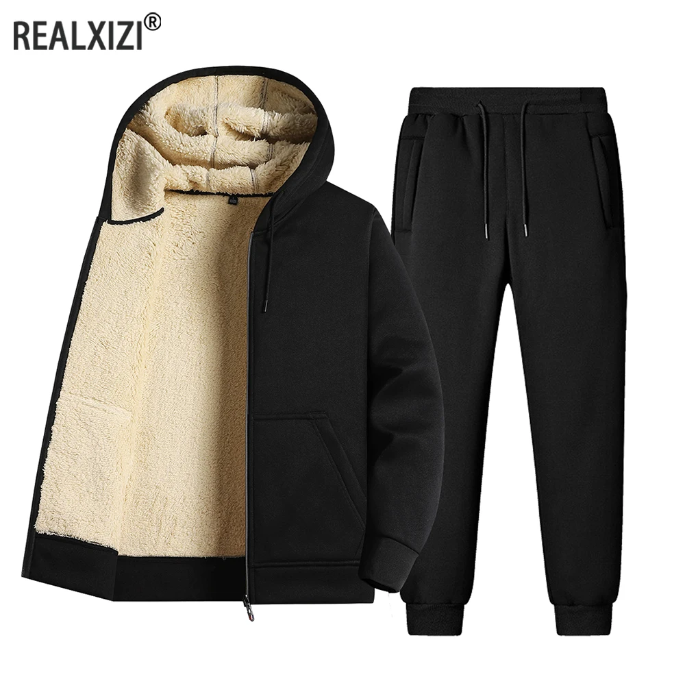 Men Tracksuit Sets Lambswool Thicken Warm Jacket Long Pants Zipper Sweatshirt Coat Trousers Outdoor Casual Fleece Sportswear