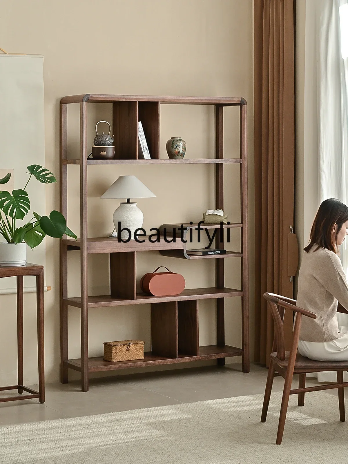 

Cy56 Solid wood Duobao Pavilion new Chinese bookshelf North American black walnut tea shelf display cabinet