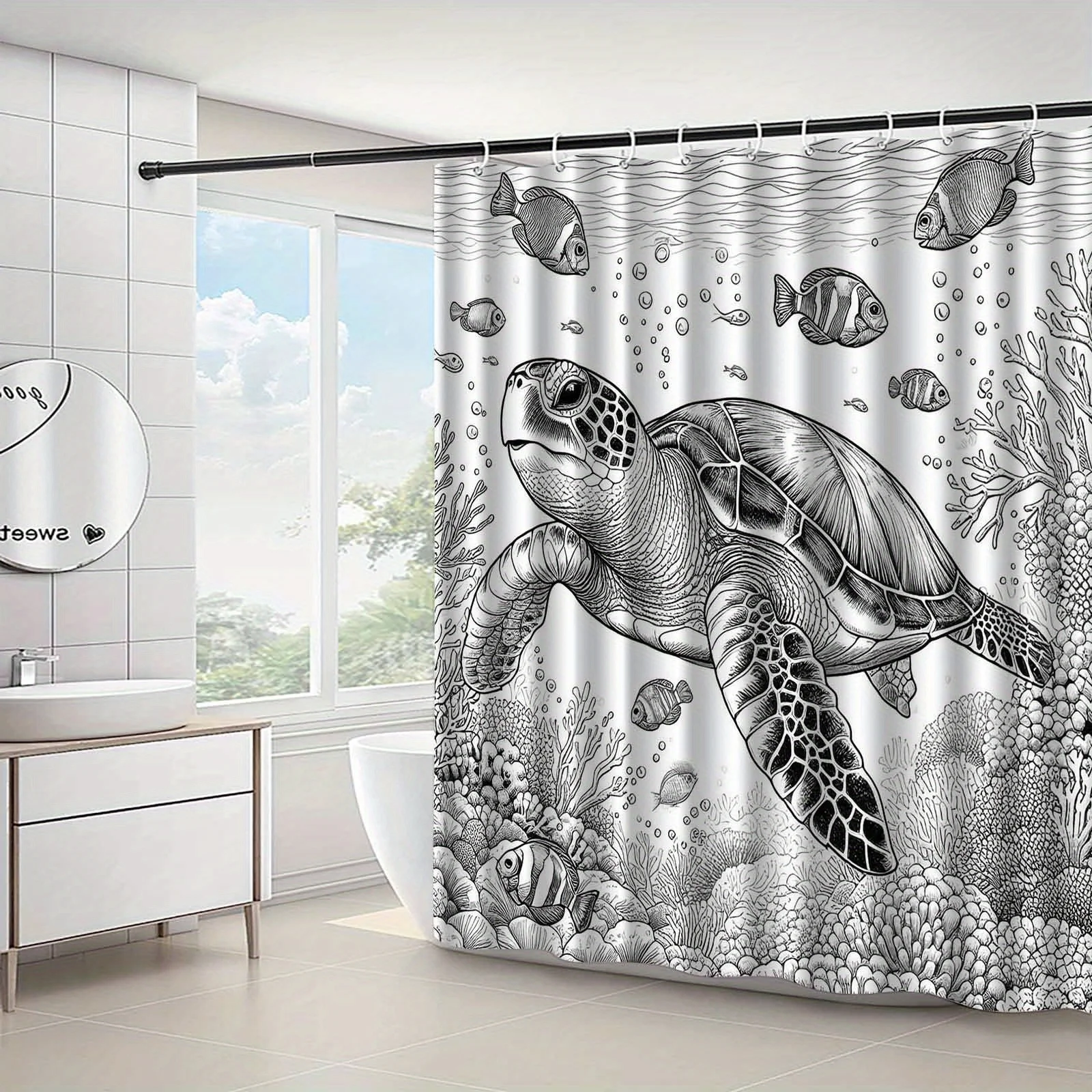 1pc Turtle and coral patterned shower curtain, polyester fabric, with hooks, machine washable, suitable for bathroom décor.