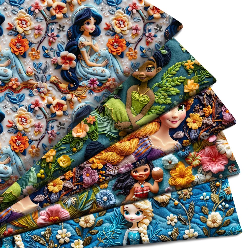 Cartoon Princess 3D Visual Flat Printed Fabric Canvas Poly Cotton Handmade Rope Woven Lining Bag Table Cover DIY Fabrics YLK