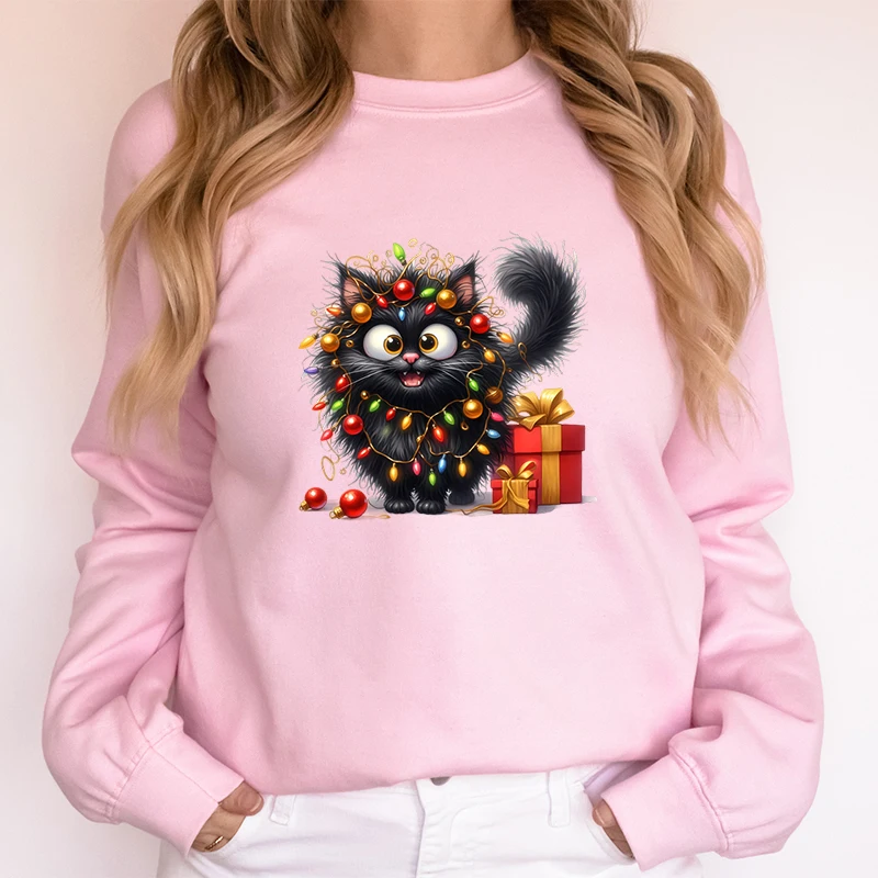 Cat Lover Gift for Christmas Women Sweatshirts Cute Fluffy Cats Lights Holiday Hoodies Cute Animal Lover Christmas Sweatshirts