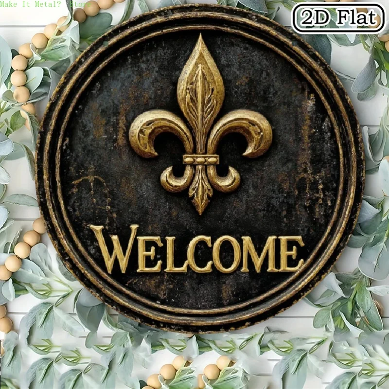 2D Flat Vintage Black and Gold Fleur De Lis Welcome Sign Round Tin Sign Retro Metal Wall Art for Front Door, Porch, French Count