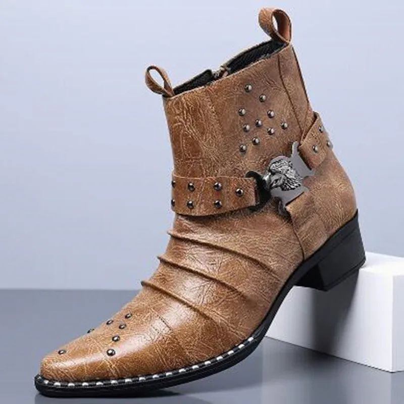 Men's High-top Boots Retro Rivet Belt Buckle Western Cowboy Boots British Casual Leather Boot Pointed Thick Heel Men Ankle Boots