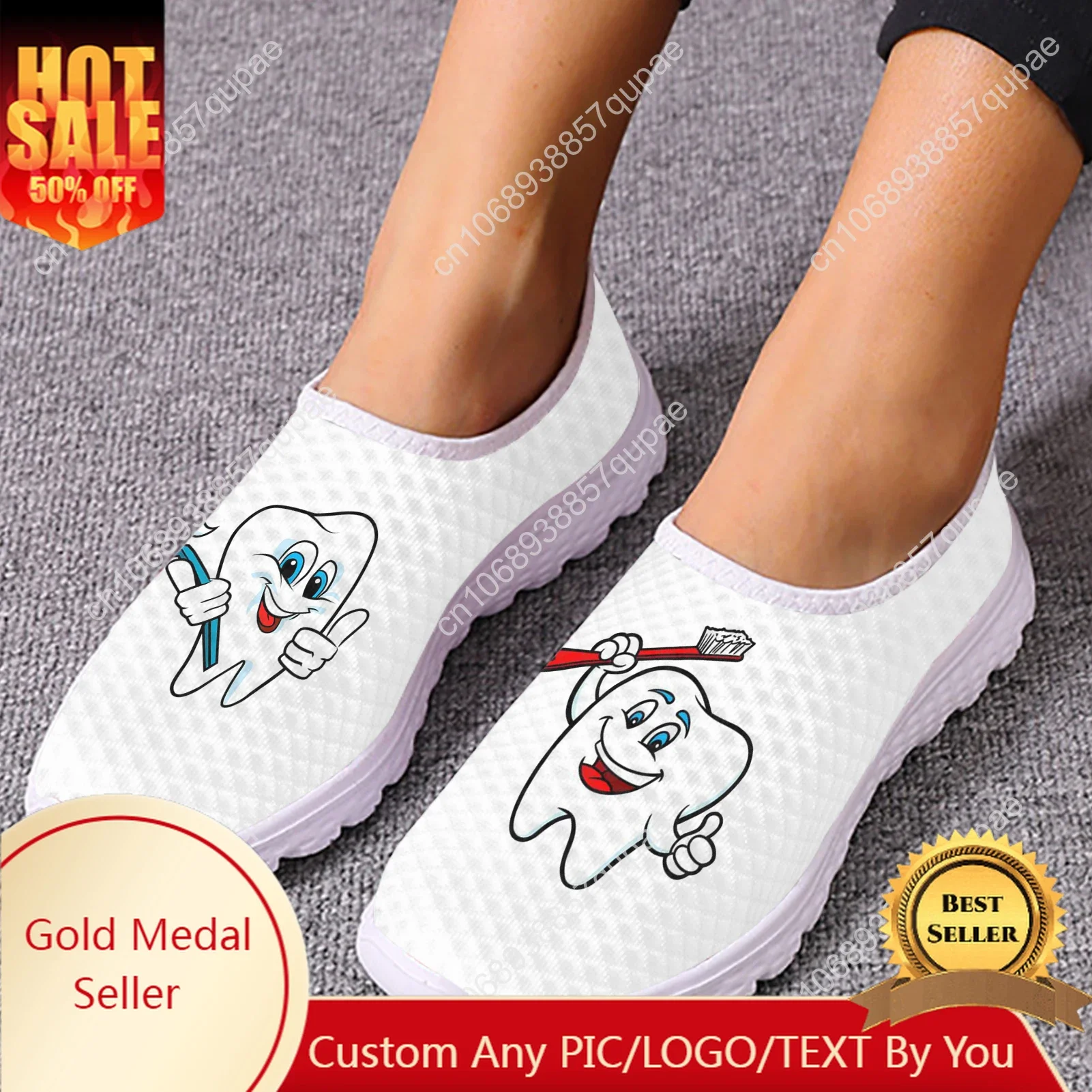 

Cute Cartoon Tooth Pattern Mesh High Quality Sneakers Women Men Teenager Casual Fashion Custom Made Tennis Flat Couple Shoes