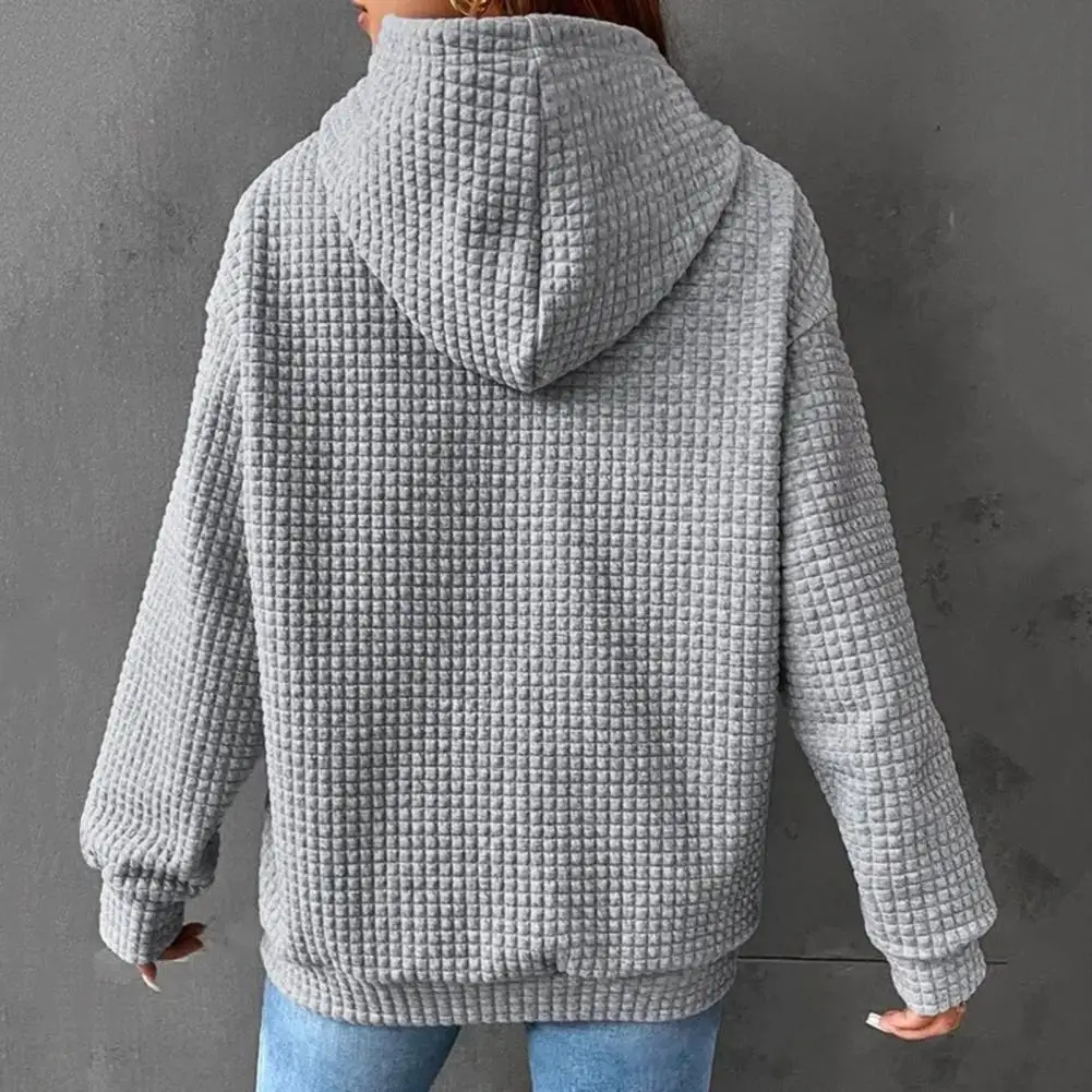 

Women Casual Hoodie Waffle Texture Hoodie Cozy Loose-fit Pullover with Big Patch Pocket Drawstring Hood for Women's Fall/winter