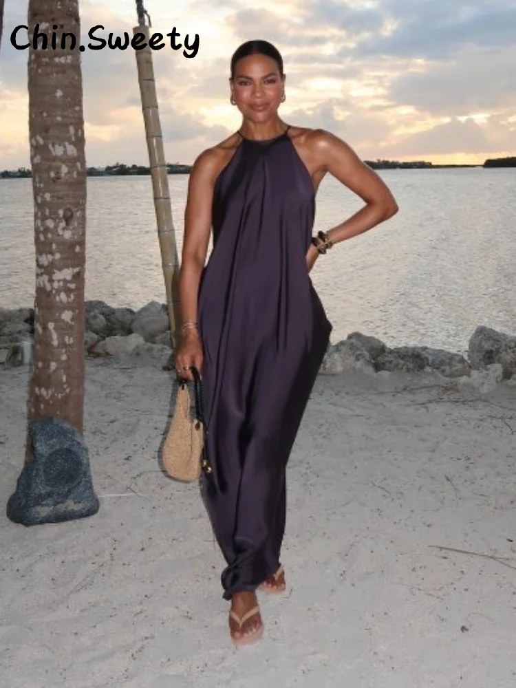 우아한 새틴 홀터 롱 슬링 드레스 여성 루즈 슬리브리스 백리스 플리츠 드레스 2025 여름 여성 섹시 파티 휴가 로브