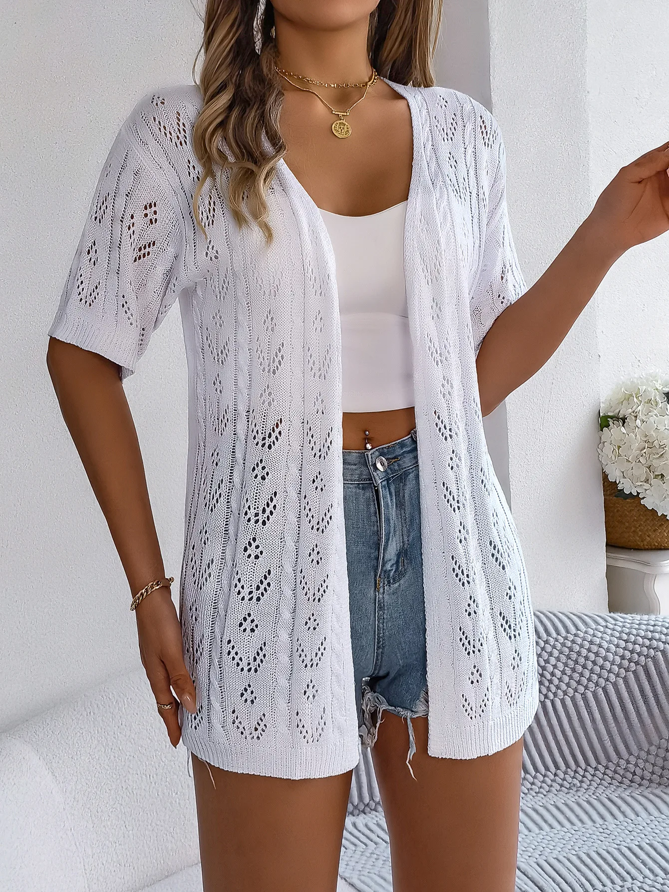 

Women's Casual Cardigan Solid Color Versatile Spring Autumn Loose Daily Vacation Short-sleeved Hollow Collarless Long Style Coat