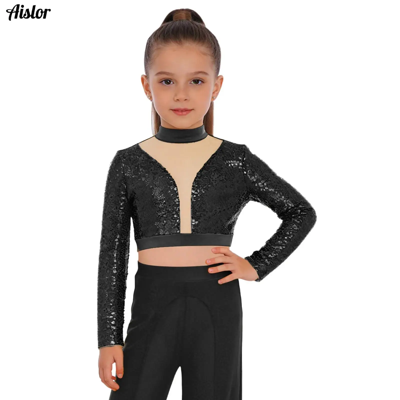 

Kids Girls Pageant Crop Top Long Sleeve Mesh Patchwork Cutout Back T-shirts Disco Dance Costume for Belly Dance Performance
