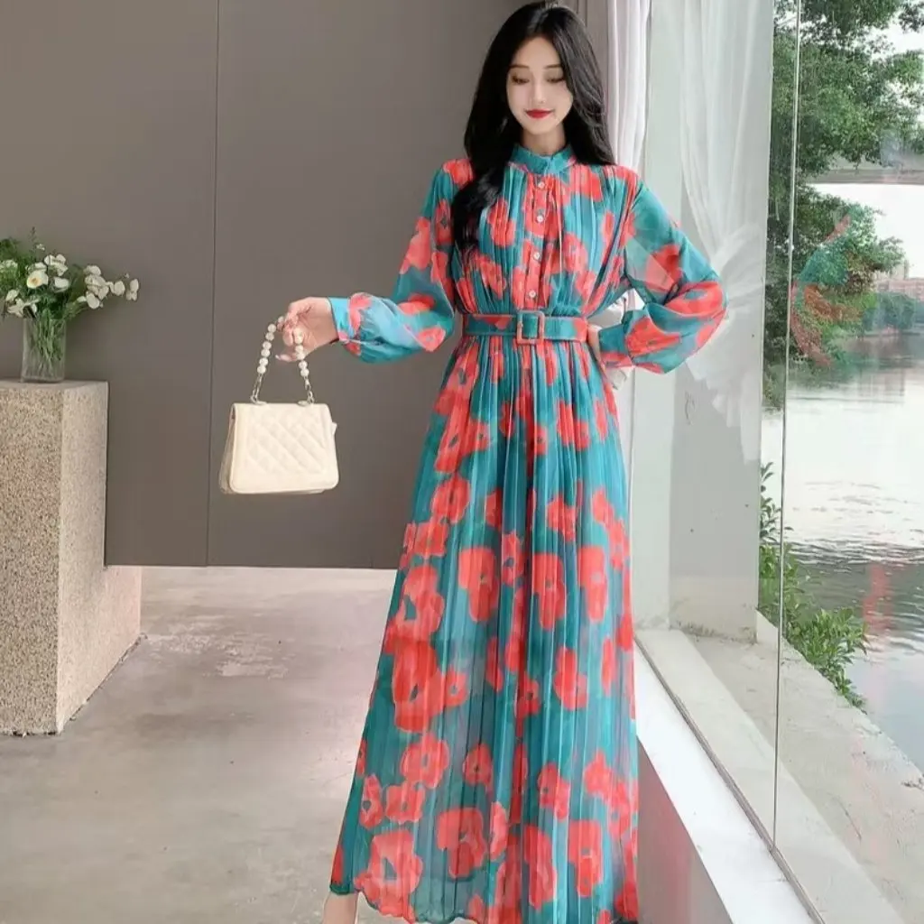 Vestido de gasa ajustado con mangas abullonadas de estilo francés para mujer con estampado floral drapeado plisado para otoño resistente de alta calidad