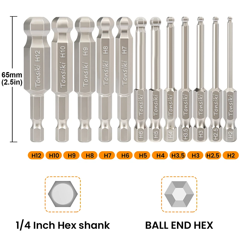 12 sztuk 65mm końcówki wkrętakowe kulkowe 1/4 Cal trzpień sześciokątny metryczny zestaw bitów sześciokątnych magnetyczna głowica kulowa klucz