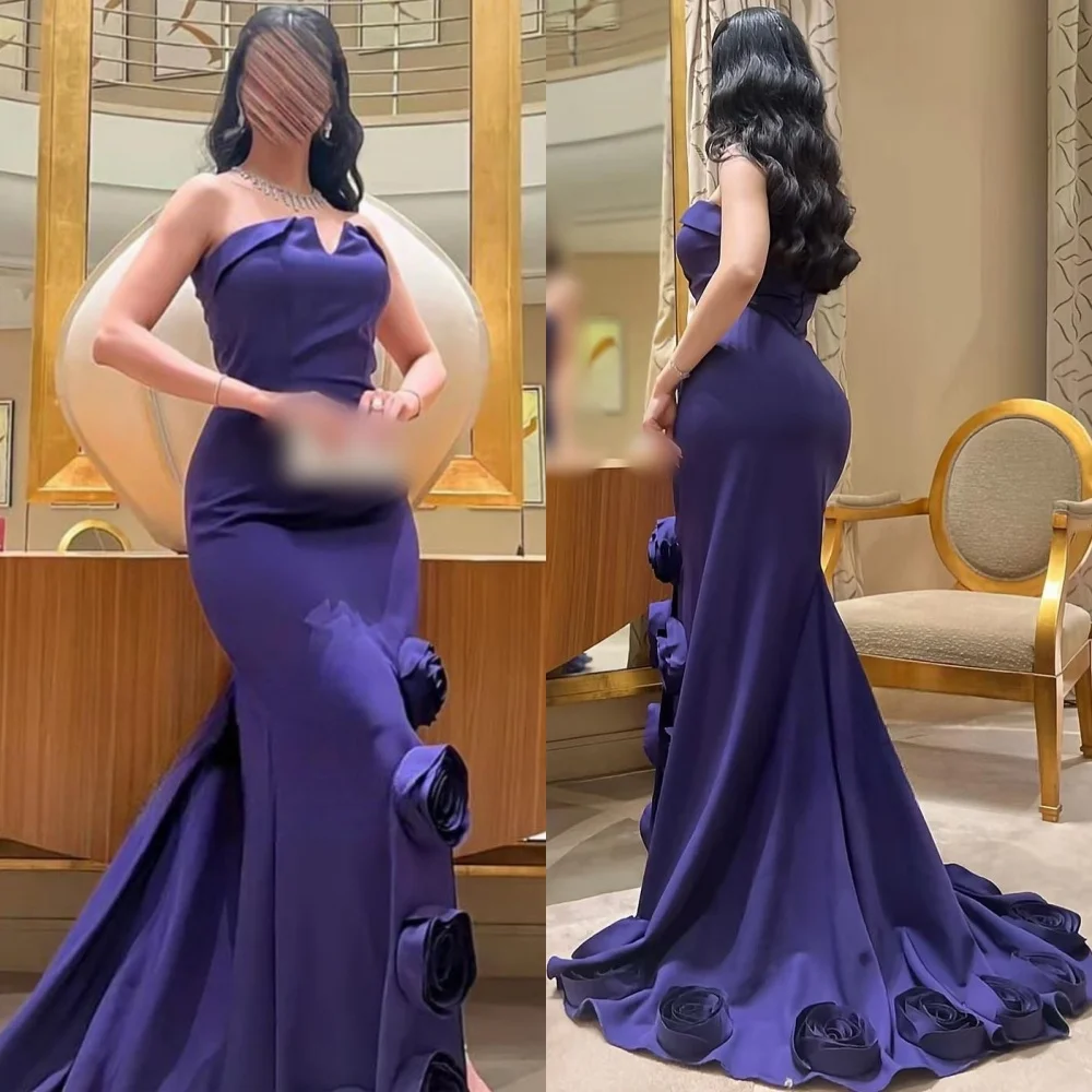 Customized Classic Exquisite Jersey Flower Pleat Trumpet Strapless Long Dresses Bespoke Occasion Fashion