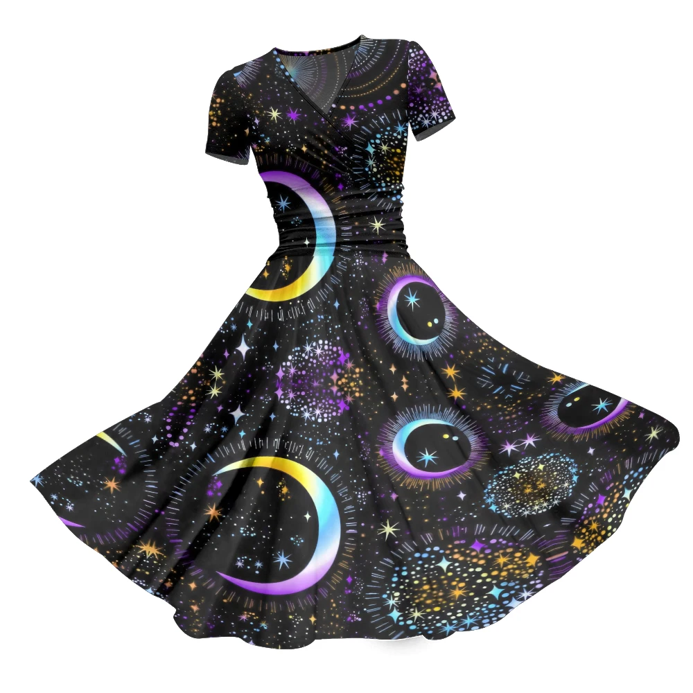 

Summer Dress Galaxy Print Maxi Dress Fashion Women Stylish Party Dresses V Neck A-Line Girl Vestido Retro Dresses Elegant Robe