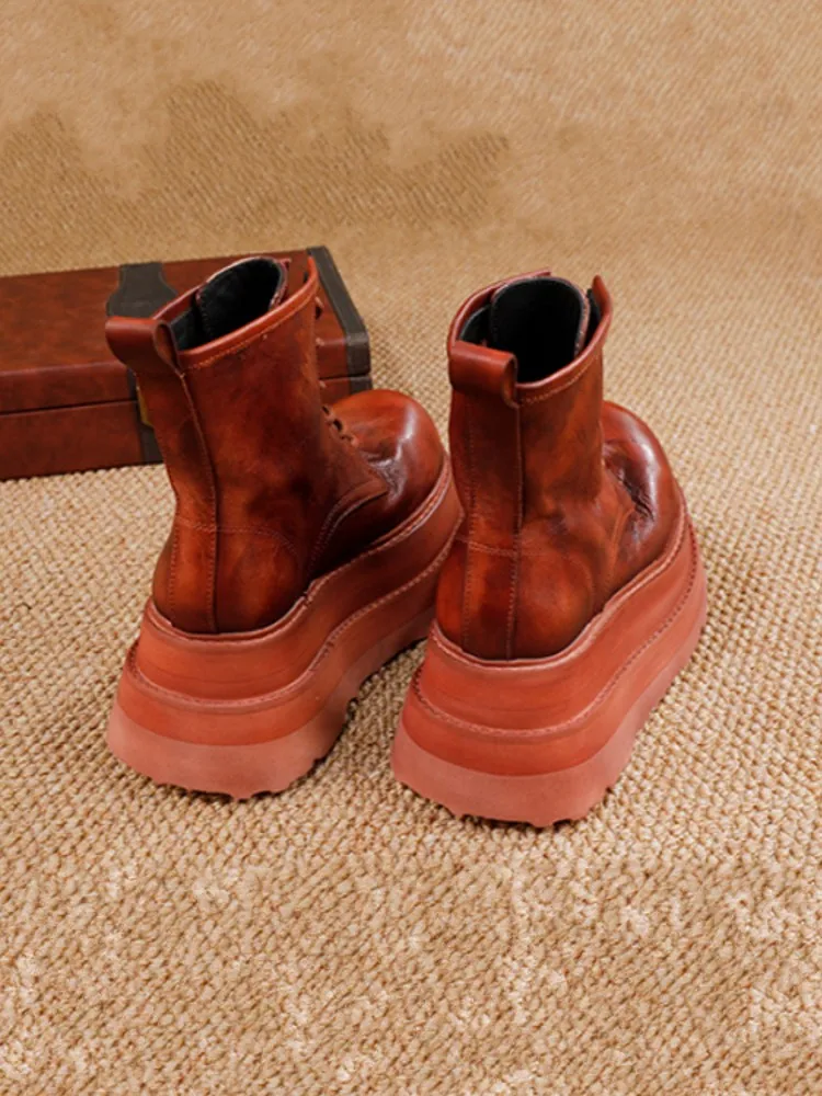 حذاء نسائي أنيق متعدد الاستخدامات مصنوع يدويًا من جلد البقر الطبيعي مريح بكعب عالٍ ومنصة سميكة حذاء نسائي برباط حتى الكاحل #5