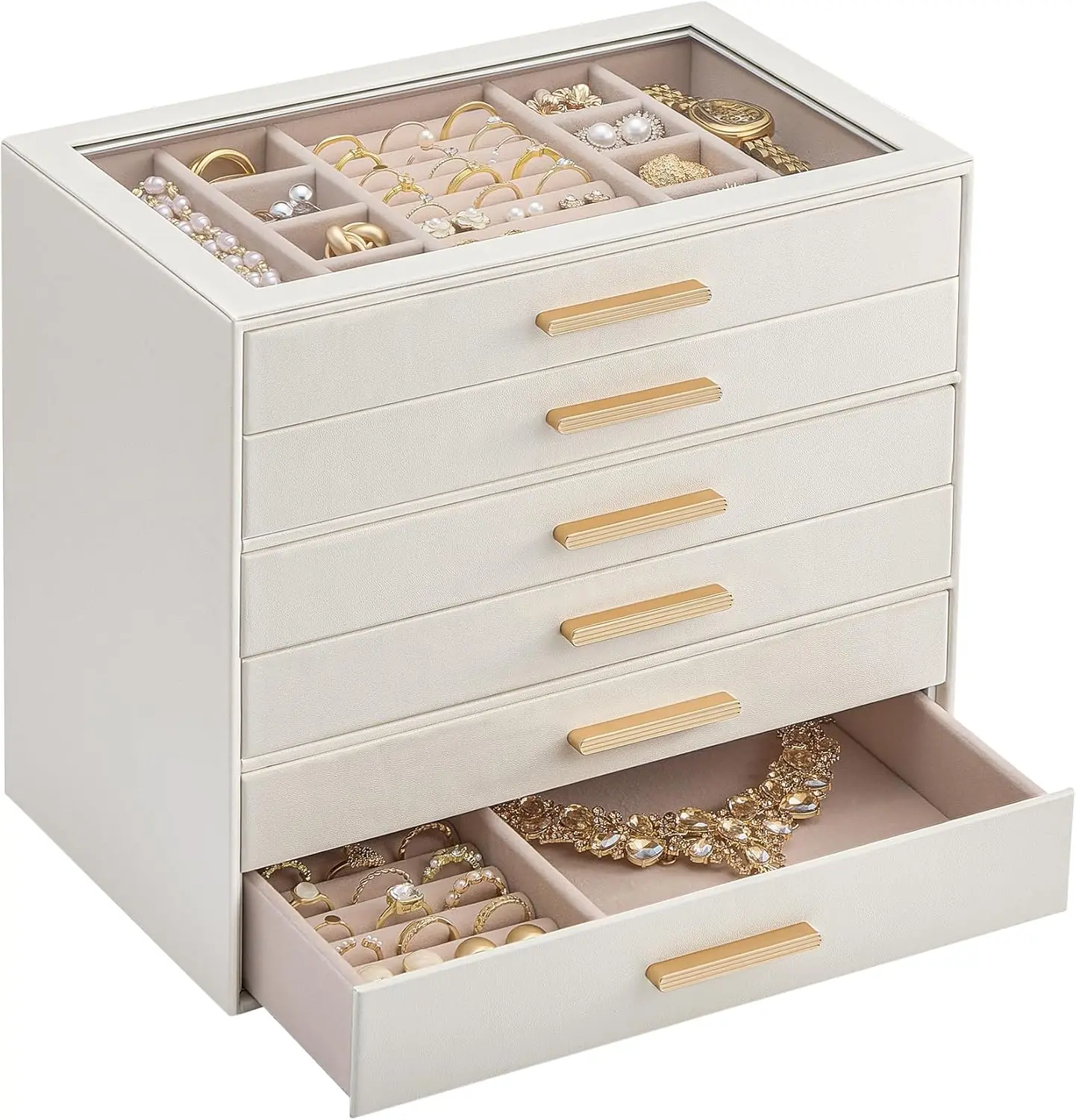 

6-слойный органайзер для украшений со стеклянной крышкой, футляр для хранения колец, серег, браслетов, ожерелий, бежевый, подарок для женщин
