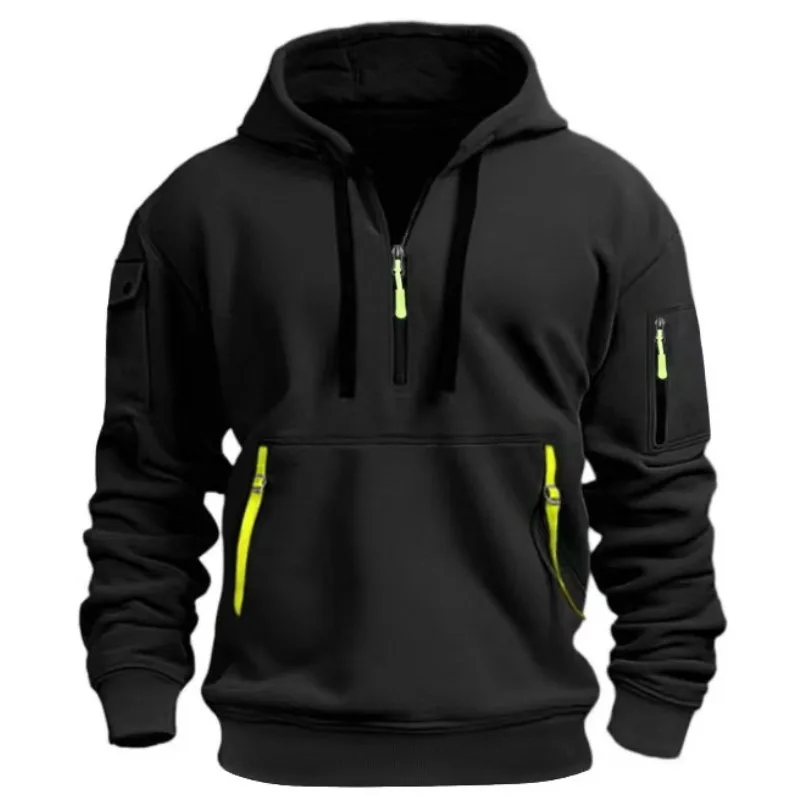 Suéter Masculino de Primavera e Outono com Capuz e Zíper, Pullover com Múltiplos Bolsos, Jaqueta Casual Esportiva Masculina