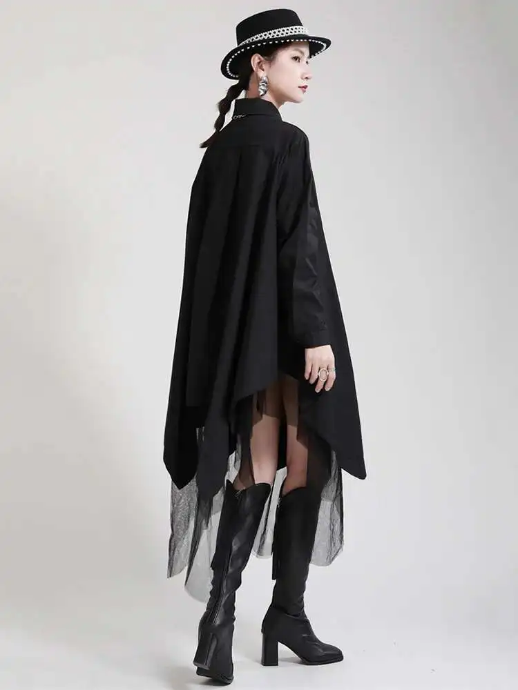 Women Black Irregular Hem Big Size Shirt Dress New Lapel Long Sleeve Loose Fit Fashion Tide Spring Autumn