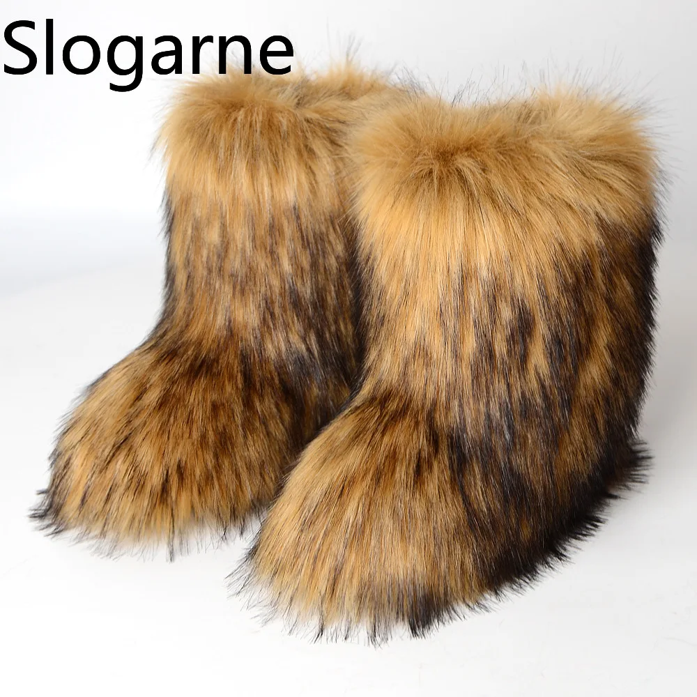 Frauen Winter Dickes Fell Stiefel Frau Plüsch Warme Flauschigen Schnee Stiefel Luxus Schuhe Mädchen Hohe Qualität Pelzigen Faux Pelz Bottes Schuhe