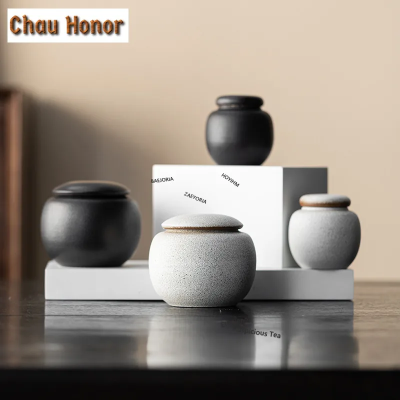 ZAEYORIA Small Black Pottery Tea Box Organizer Moisture-proof Ancient Storage Tank Containers Tea Caddy Chinese Tea Set Ornament
