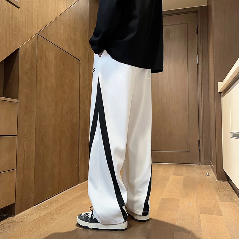 Men's Spring Autumn Elastic and High Waisted Drawstring Solid Pockets Casual Loose Straight Trousers Office Lady Vintage Pants
