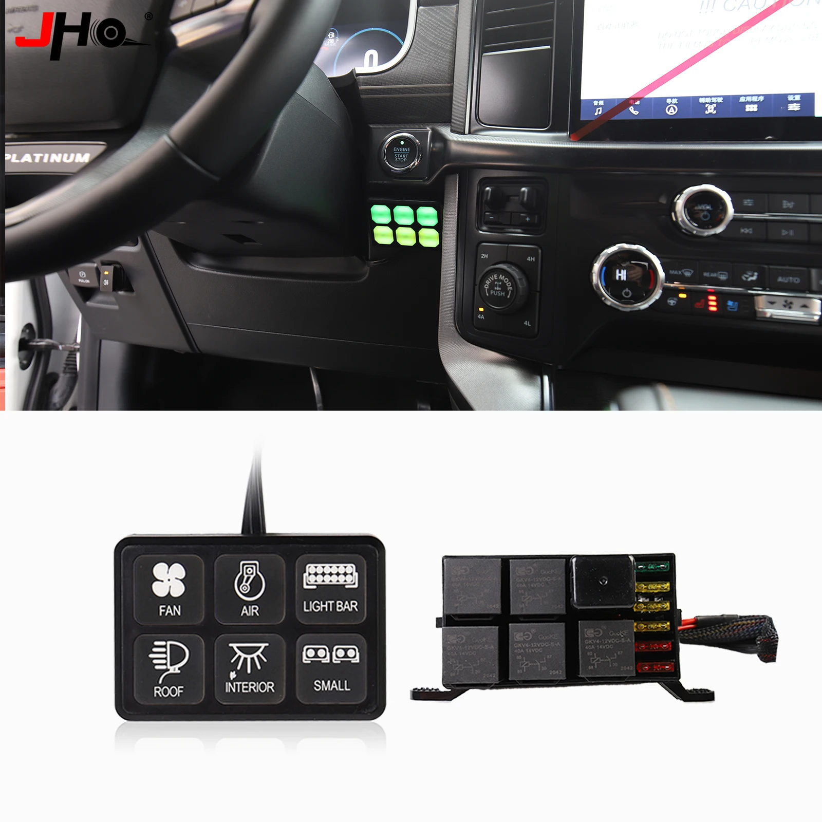 JHO 6-Gang Auxiliary Switch Panel Relay Control Box for Ford F-150 Raptor 2017-2020 Off-Road Light Bar Wiring Harness Pod