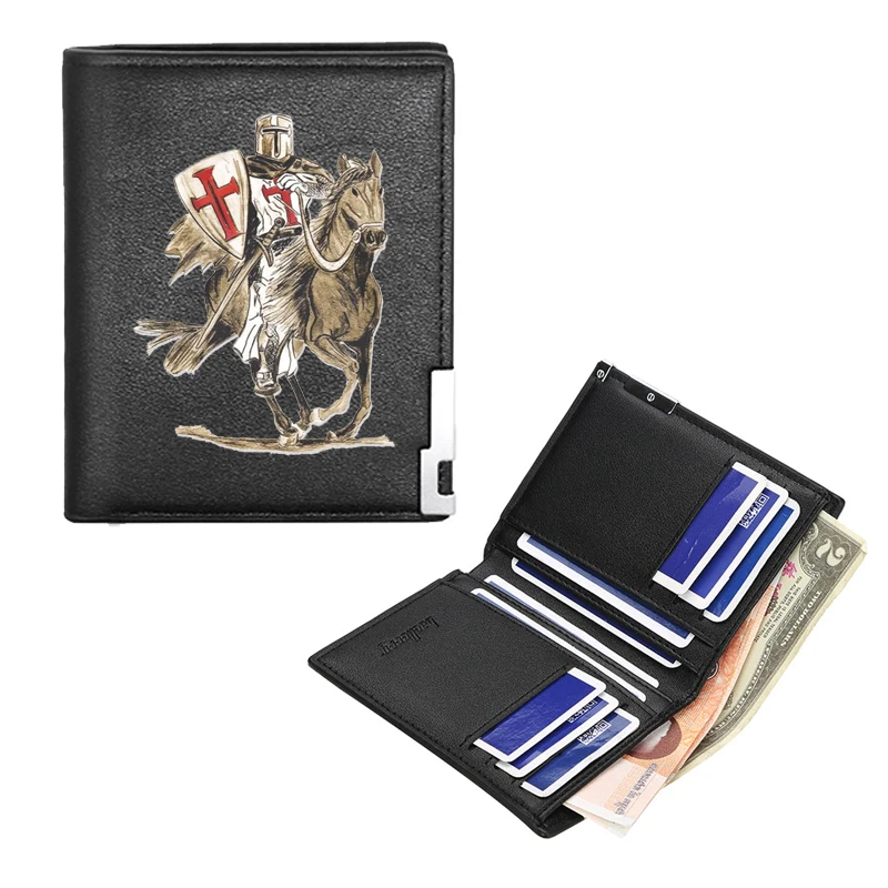 New Arrivals Fashion Knights Templar Printing Pu Leather Wallet Men Women Billfold Credit Card Holders Short Purses