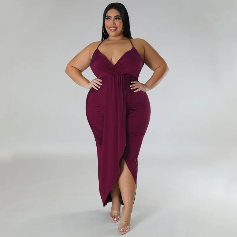 KEXU Wrap Deep V-neck Ruched Spaghetti Strap High Side Slit Maxi Plus Size Women Dress Sexy Party Club Even Bodycon Dress