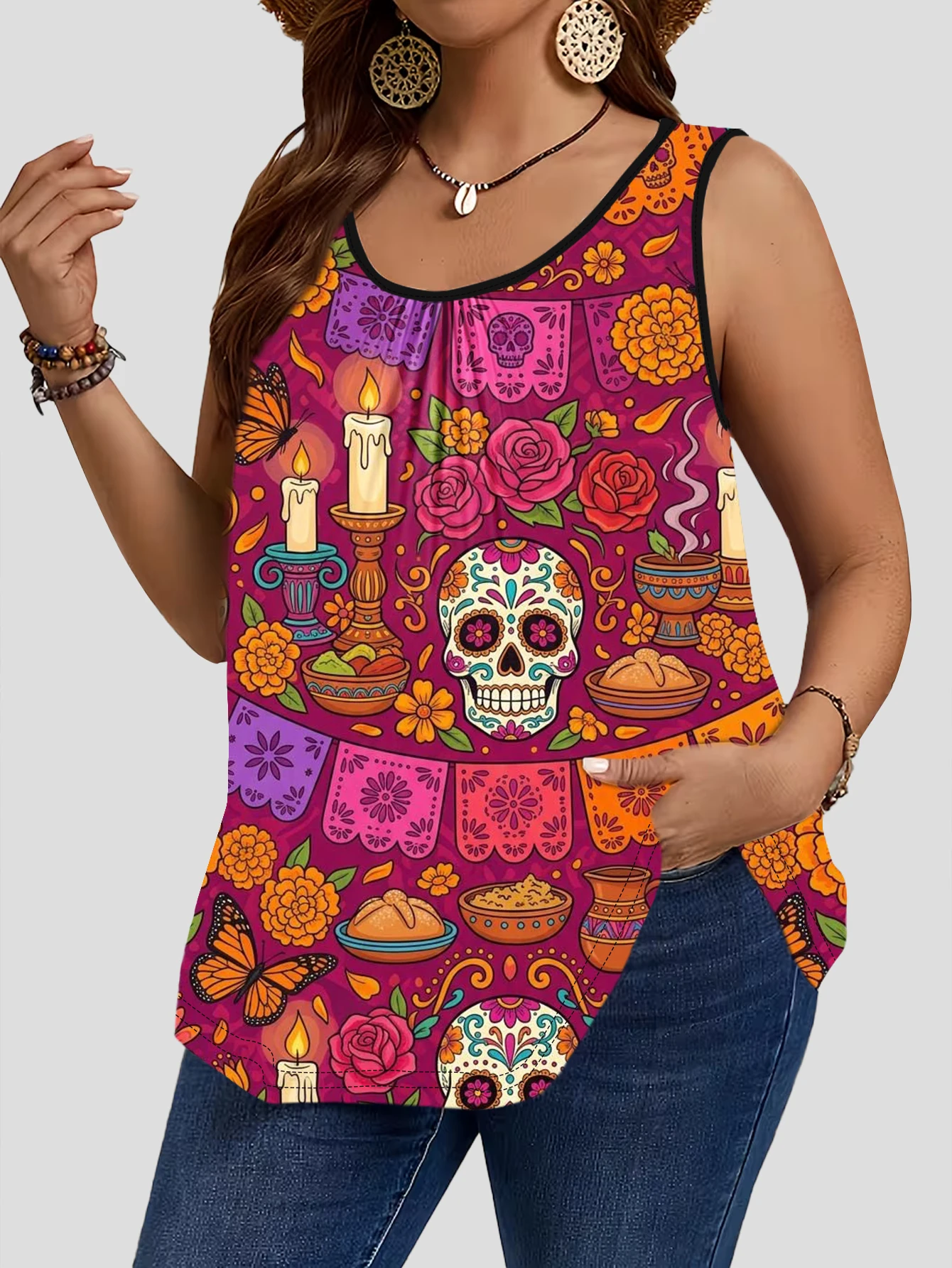 3-Piece Set of Plus-Size Sleeveless Vests with Mexican Day of the Dead Sugar Skulls, Halloween Black Cat, Pumpkin, and Witch Prints, Vintage Cartoon Dark Style Loose-Fitting Camisole Tops 3