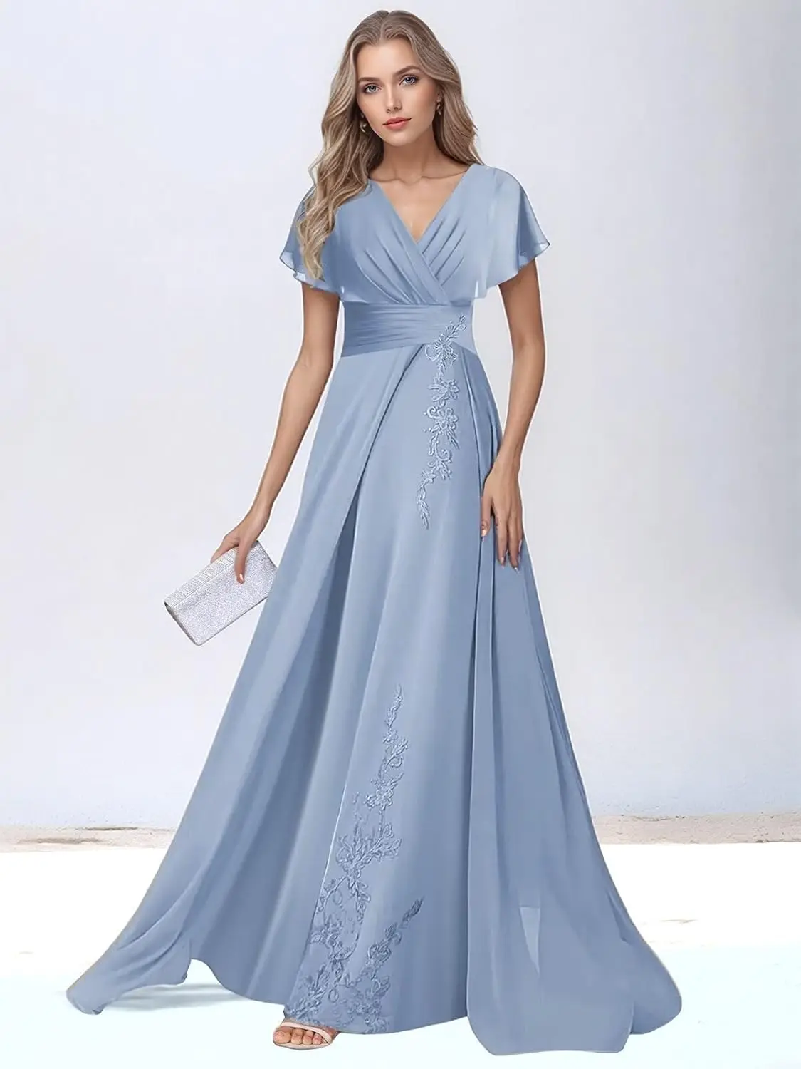 

Женское вечернее платье с короткими рукавами и V-образным вырезом, кружевной аппликацией, шифоновое платье трапециевидной формы с длинными рюшами, платья для матери невесты, свадебные платья для гостей