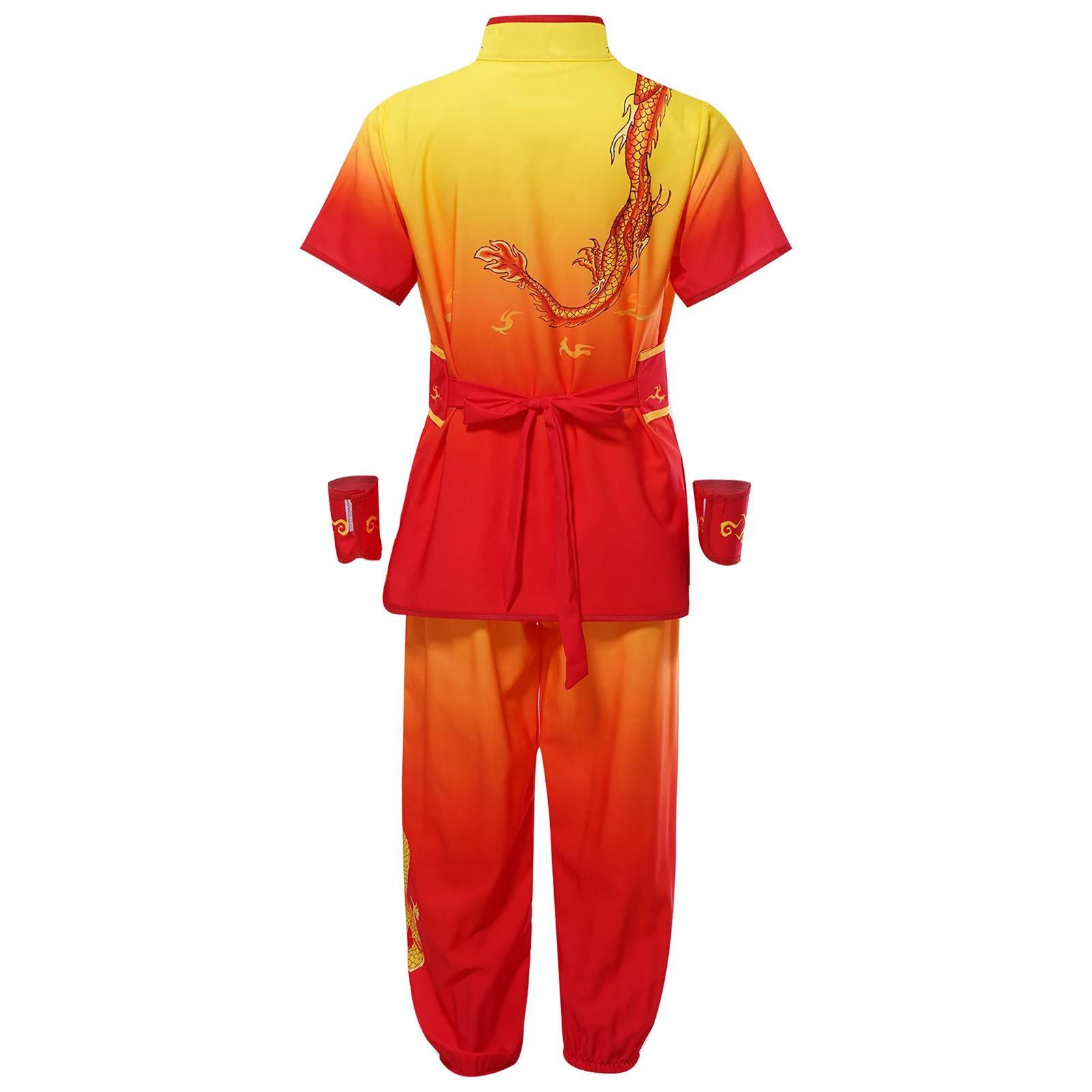 Kids Boys Girls Kung Fu Traditional Chinese Clothing Martial Arts Performance Costume Knot Buttons Tops with Pants Belt Cuffs