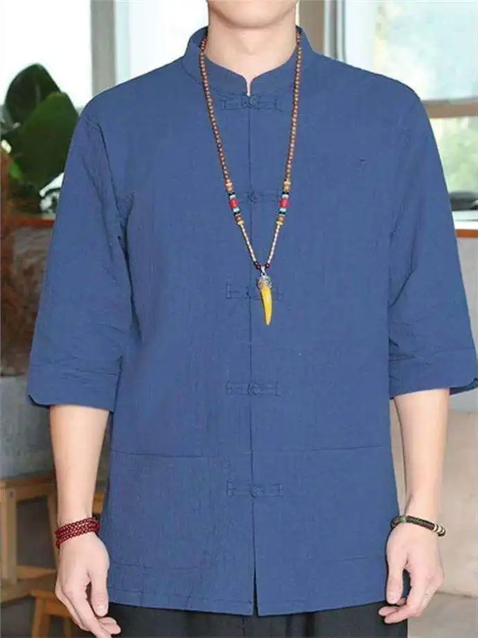 

Мужская рубашка в китайском стиле из льна и хлопка с коротким рукавом, модная молодежная рубашка-чжуншань в стиле ретро, с воротником-стойкой, традиционная китайская одежда