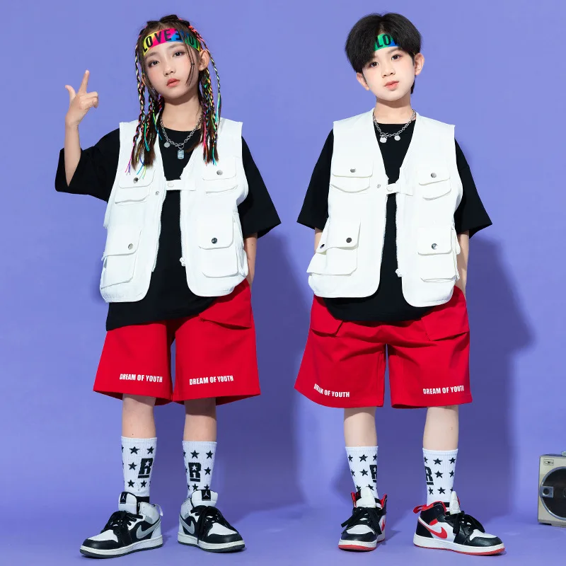 Children Hip Hop Costume Boys Girls Jazz Dance Fashion Clothes White Vest Casual Shorts Street Dance Drum Stage Performance Wear