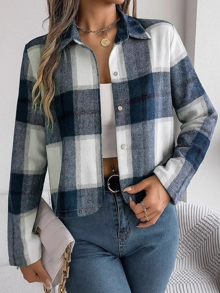 

Women's Shirt Jacket, Autumn Winter Fashion Plaid Print Shirt Short Coat 2025 New Casual Office Ladies Blouse Tops